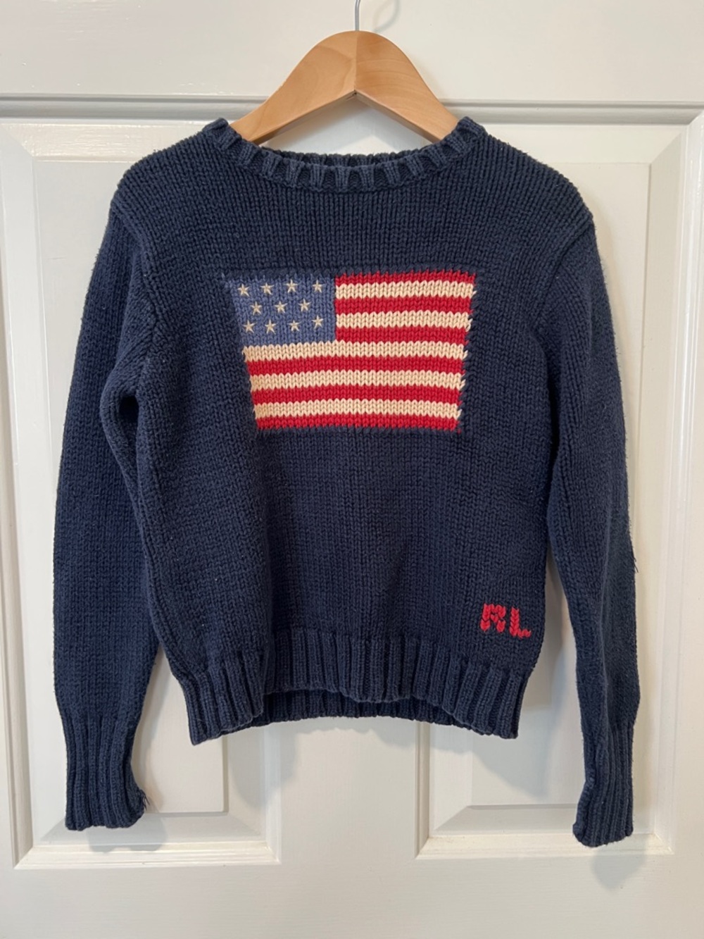 Vintage 90s Kids Polo by Ralph Lauren Navy Crewneck Sweater with American Flag